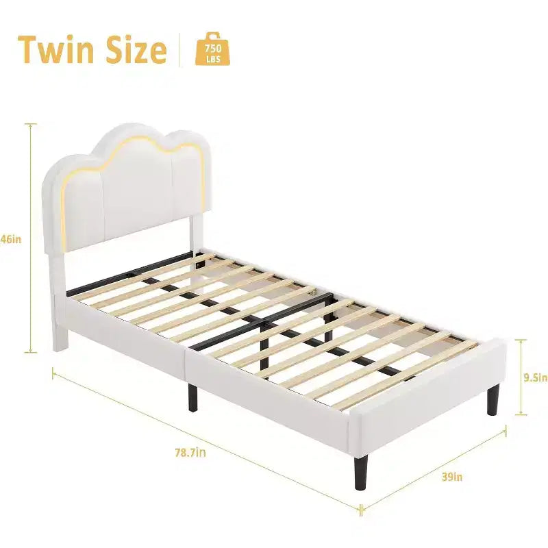 Cadre de lit intelligent LED capitonné pour lits jumeaux avec tête de lit réglable, plateforme en cuir PU pour enfants, beige