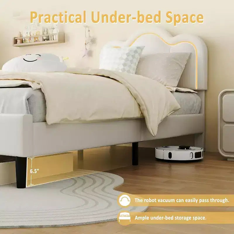 Cadre de lit intelligent LED capitonné pour lits jumeaux avec tête de lit réglable, plateforme en cuir PU pour enfants, beige