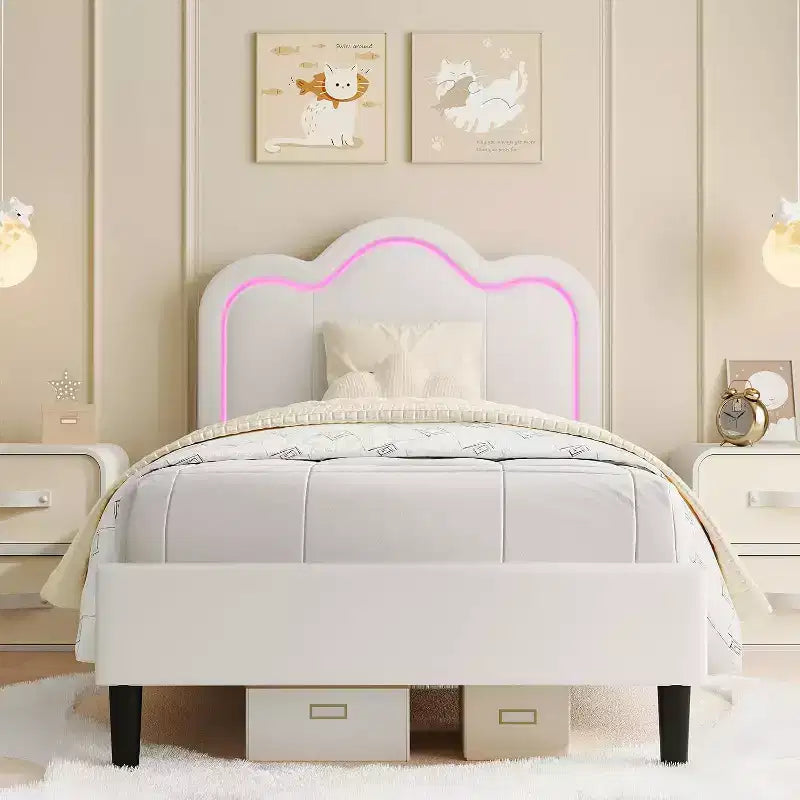 Cadre de lit intelligent LED capitonné pour lits jumeaux avec tête de lit réglable, plateforme en cuir PU pour enfants, beige