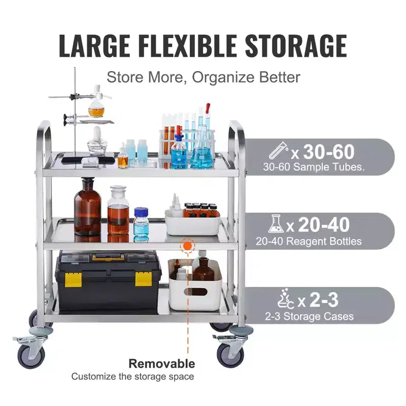 Chariot en acier inoxydable, chariot de service de laboratoire à 3 niveaux capacité de 180 kg