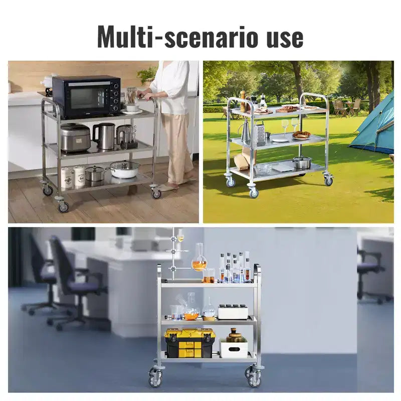 Chariot en acier inoxydable, chariot de service de laboratoire à 3 niveaux capacité de 180 kg