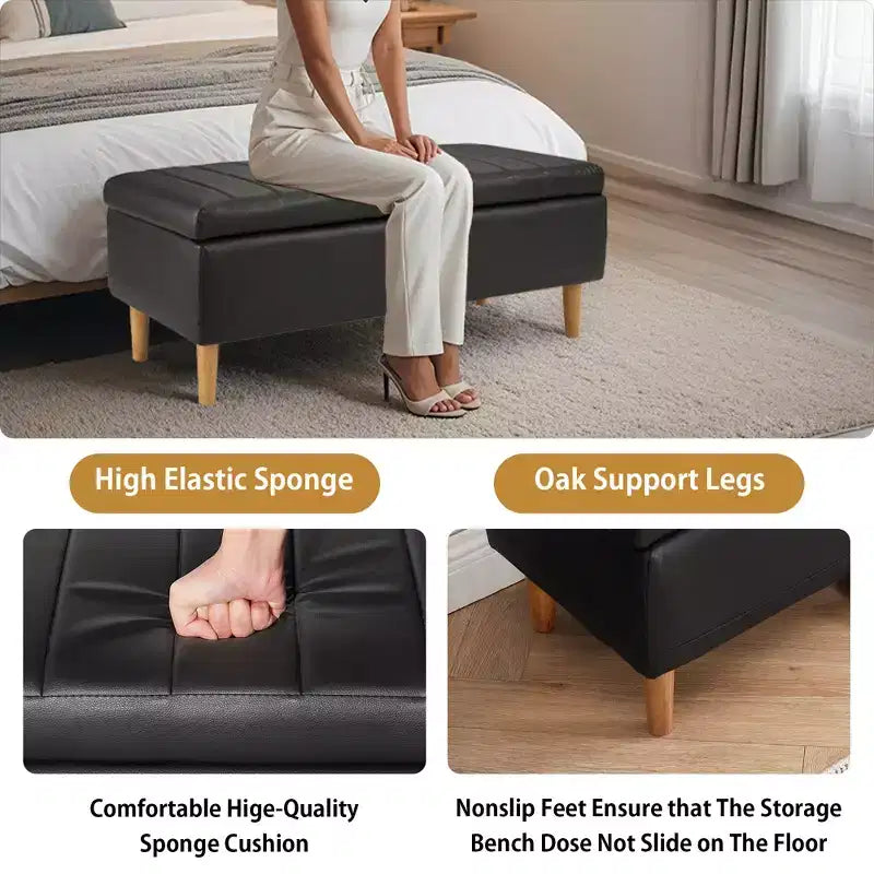 Banc de rangement moderne en cuir synthétique souple, Pouf repose-pieds 44 avec espace de rangement profond de 6,1 po pour salon ou chambre à coucher, facile à nettoyer, Noir