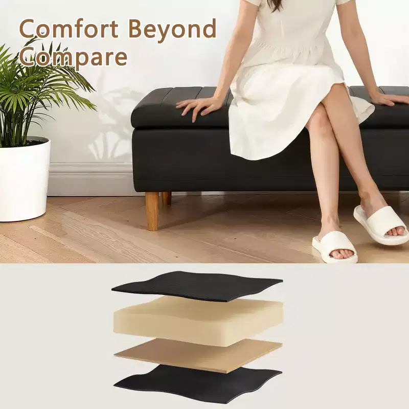Banc de rangement moderne en cuir synthétique souple, Pouf repose-pieds 44 avec espace de rangement profond de 6,1 po pour salon ou chambre à coucher, facile à nettoyer, Noir