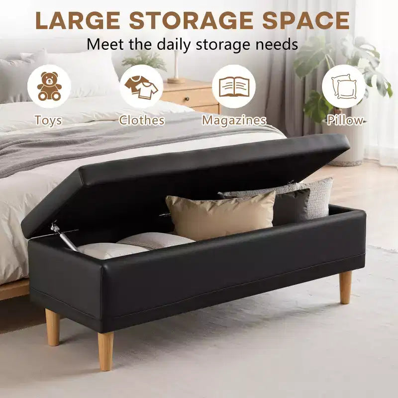 Banc de rangement moderne en cuir synthétique souple, Pouf repose-pieds 44 avec espace de rangement profond de 6,1 po pour salon ou chambre à coucher, facile à nettoyer, Noir