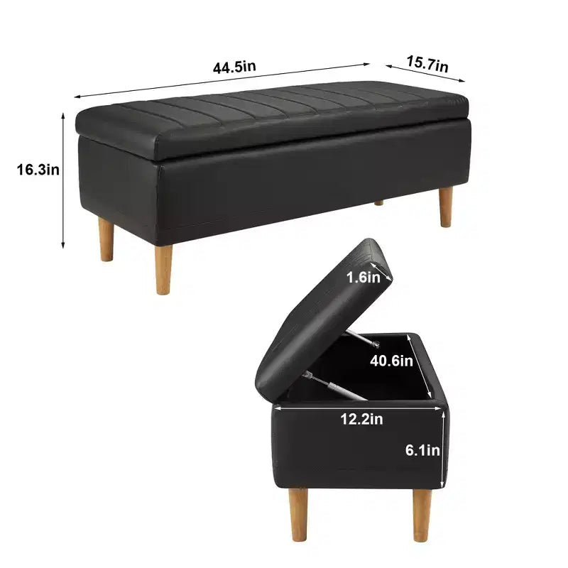 Banc de rangement moderne en cuir synthétique souple, Pouf repose-pieds 44 avec espace de rangement profond de 6,1 po pour salon ou chambre à coucher, facile à nettoyer, Noir