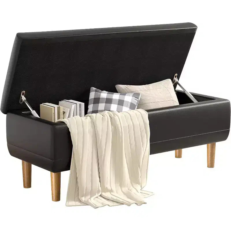 Banc de rangement moderne en cuir synthétique souple, Pouf repose-pieds 44 avec espace de rangement profond de 6,1 po pour salon ou chambre à coucher, facile à nettoyer, Noir