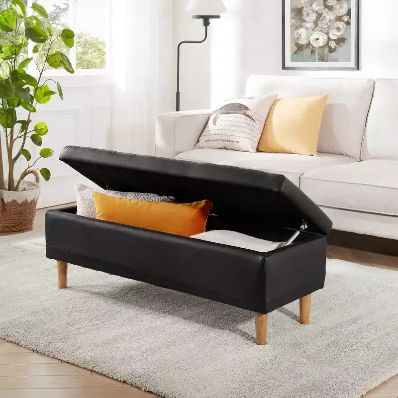 Banc de rangement moderne en cuir synthétique souple, Pouf repose-pieds 44 avec espace de rangement profond de 6,1 po pour salon ou chambre à coucher, facile à nettoyer, Noir