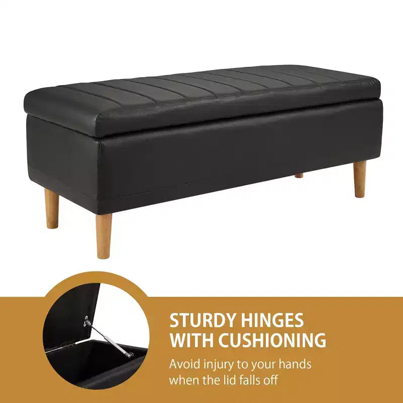 Banc de rangement moderne en cuir synthétique souple, Pouf repose-pieds 44 avec espace de rangement profond de 6,1 po pour salon ou chambre à coucher, facile à nettoyer, Noir