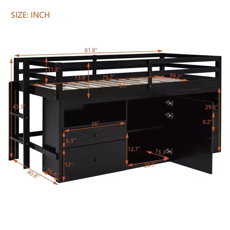 Lit mezzanine jumeau de conception moderne de 81,8 L x 40,8 l avec 4 tiroirs, armoire inférieure et étagères