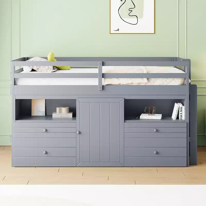 Lit mezzanine jumeau de conception moderne de 81,8 L x 40,8 l avec 4 tiroirs, armoire inférieure et étagères