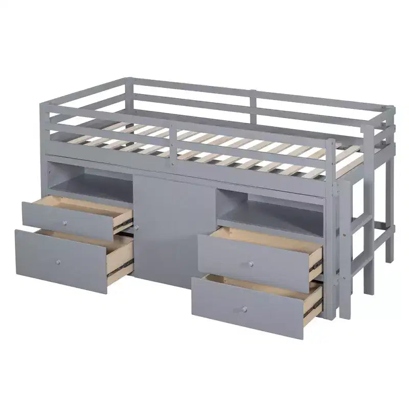 Lit mezzanine jumeau de conception moderne de 81,8 L x 40,8 l avec 4 tiroirs, armoire inférieure et étagères