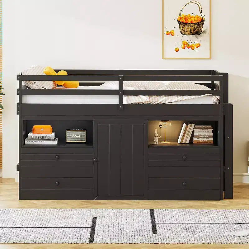 Lit mezzanine jumeau de conception moderne de 81,8 L x 40,8 l avec 4 tiroirs, armoire inférieure et étagères