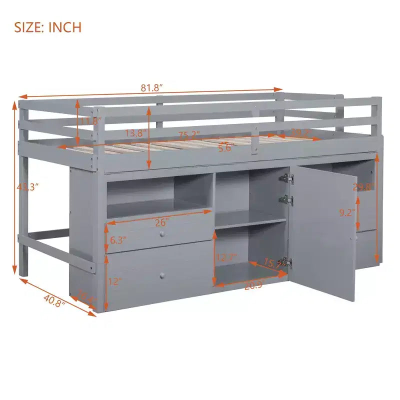 Lit mezzanine jumeau de conception moderne de 81,8 L x 40,8 l avec 4 tiroirs, armoire inférieure et étagères