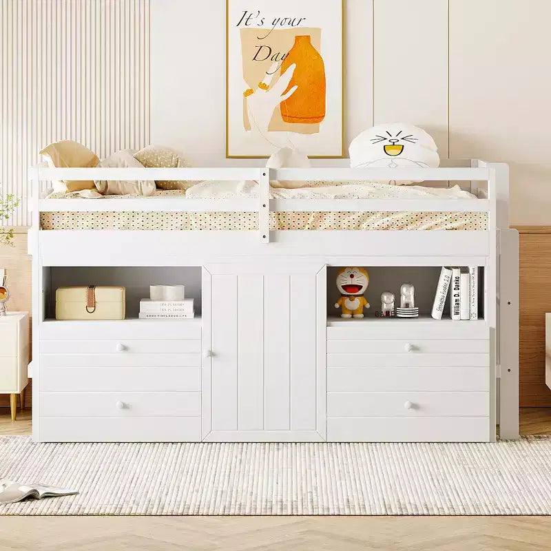 Lit mezzanine jumeau de conception moderne de 81,8 L x 40,8 l avec 4 tiroirs, armoire inférieure et étagères