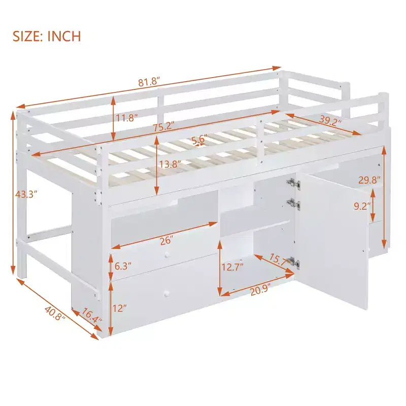 Lit mezzanine jumeau de conception moderne de 81,8 L x 40,8 l avec 4 tiroirs, armoire inférieure et étagères