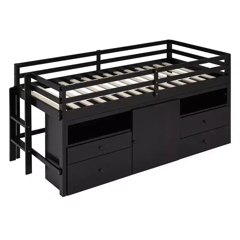 Lit mezzanine jumeau de conception moderne de 81,8 L x 40,8 l avec 4 tiroirs, armoire inférieure et étagères