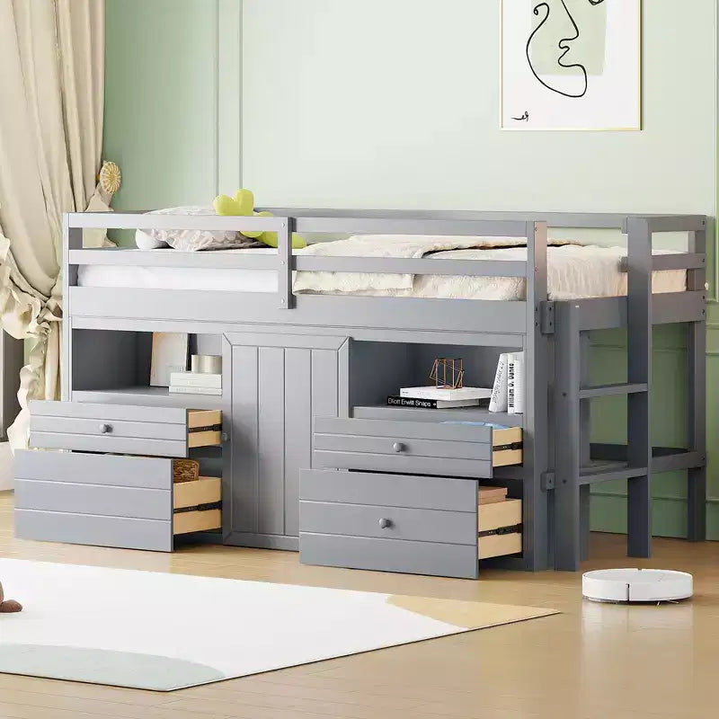 Lit mezzanine jumeau de conception moderne de 81,8 L x 40,8 l avec 4 tiroirs, armoire inférieure et étagères