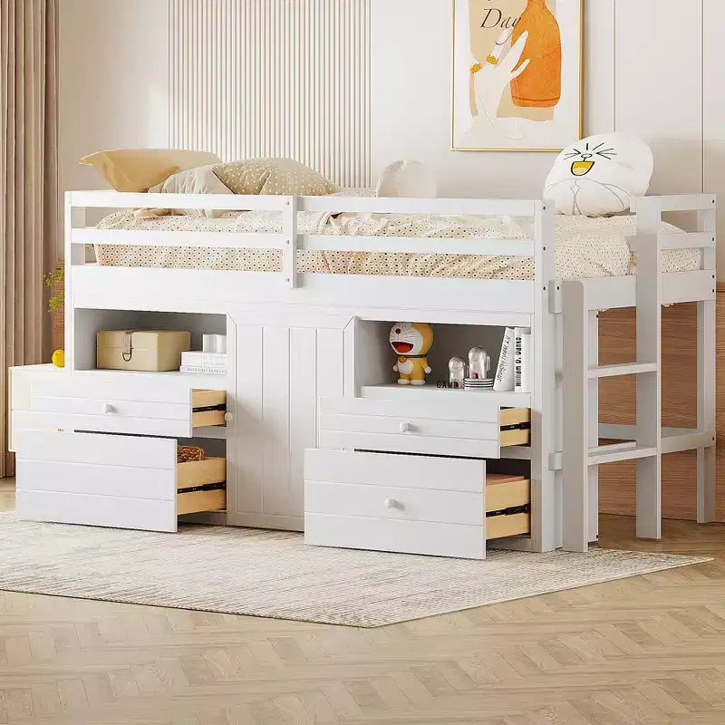 Lit mezzanine jumeau de conception moderne de 81,8 L x 40,8 l avec 4 tiroirs, armoire inférieure et étagères