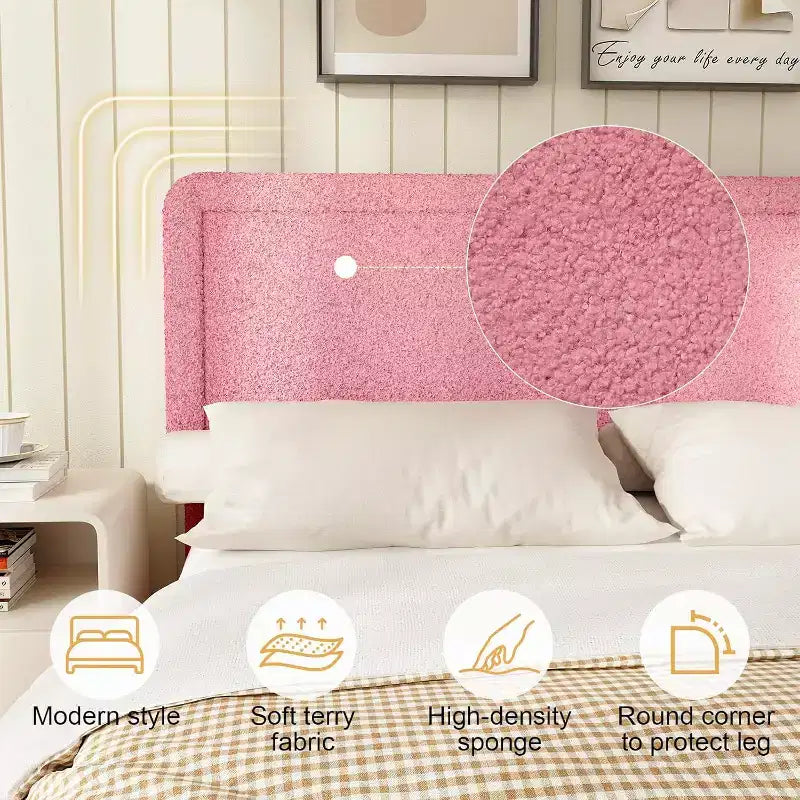Cadre de lit Bouclé, cadre de lit rembourré en tissu Teddy noir avec tête de lit, sommier tapissier non requis, tête de lit réglable, montage facile
