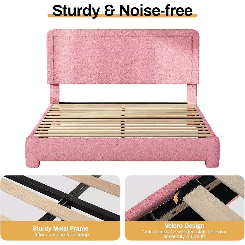 Cadre de lit Bouclé, cadre de lit rembourré en tissu Teddy noir avec tête de lit, sommier tapissier non requis, tête de lit réglable, montage facile