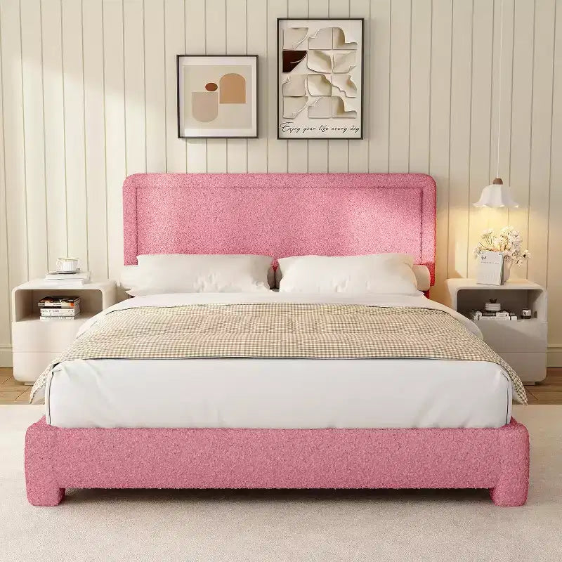Cadre de lit Bouclé, cadre de lit rembourré en tissu Teddy noir avec tête de lit, sommier tapissier non requis, tête de lit réglable, montage facile