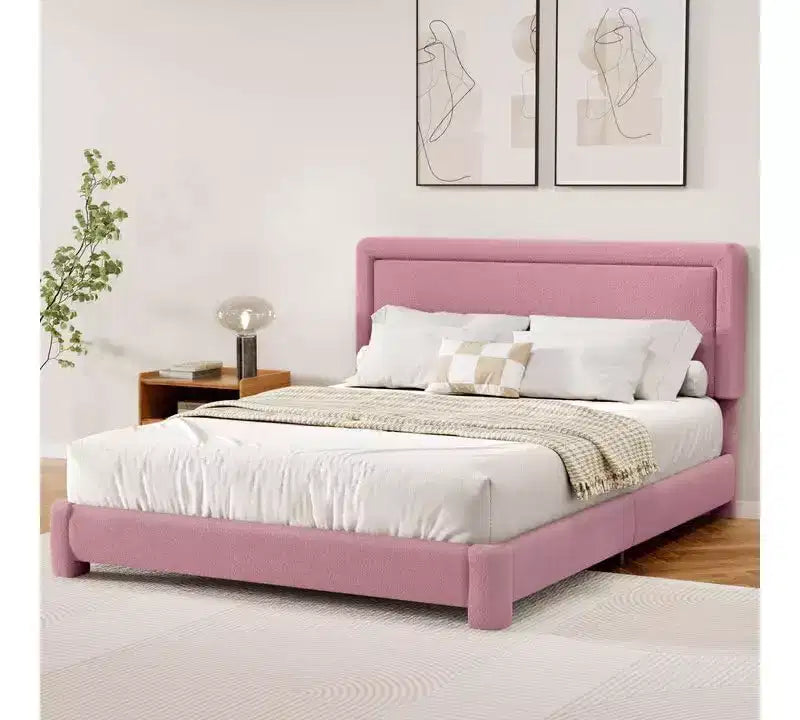 Cadre de lit Bouclé, cadre de lit rembourré en tissu Teddy noir avec tête de lit, sommier tapissier non requis, tête de lit réglable, montage facile