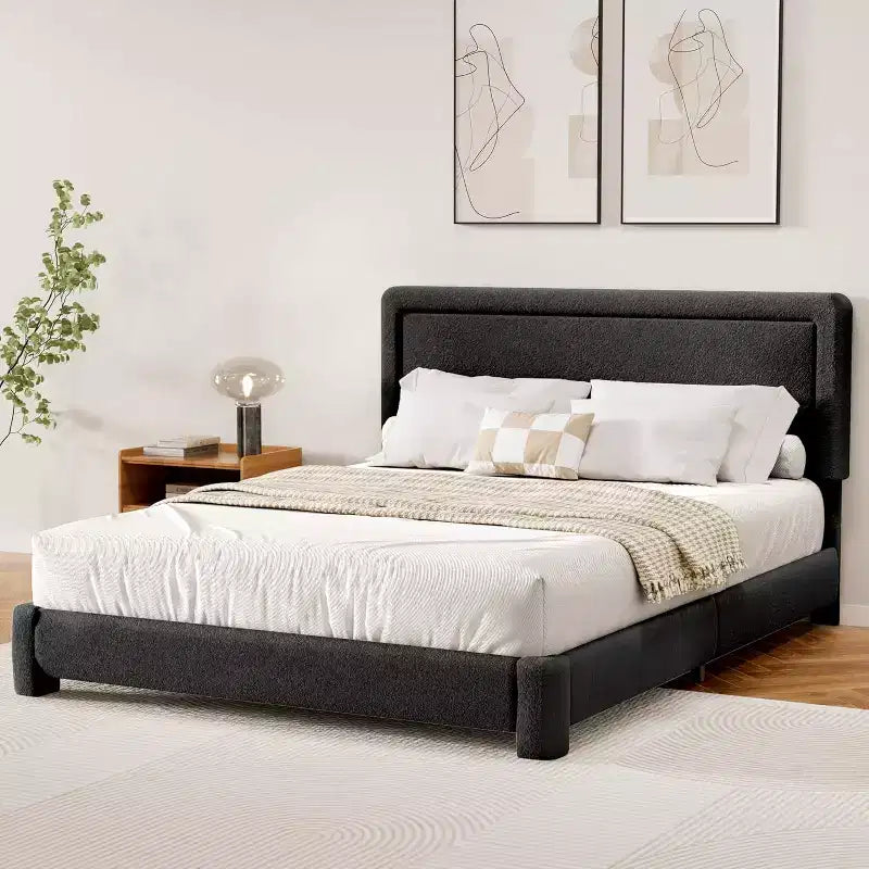 Cadre de lit Bouclé, cadre de lit rembourré en tissu Teddy noir avec tête de lit, sommier tapissier non requis, tête de lit réglable, montage facile