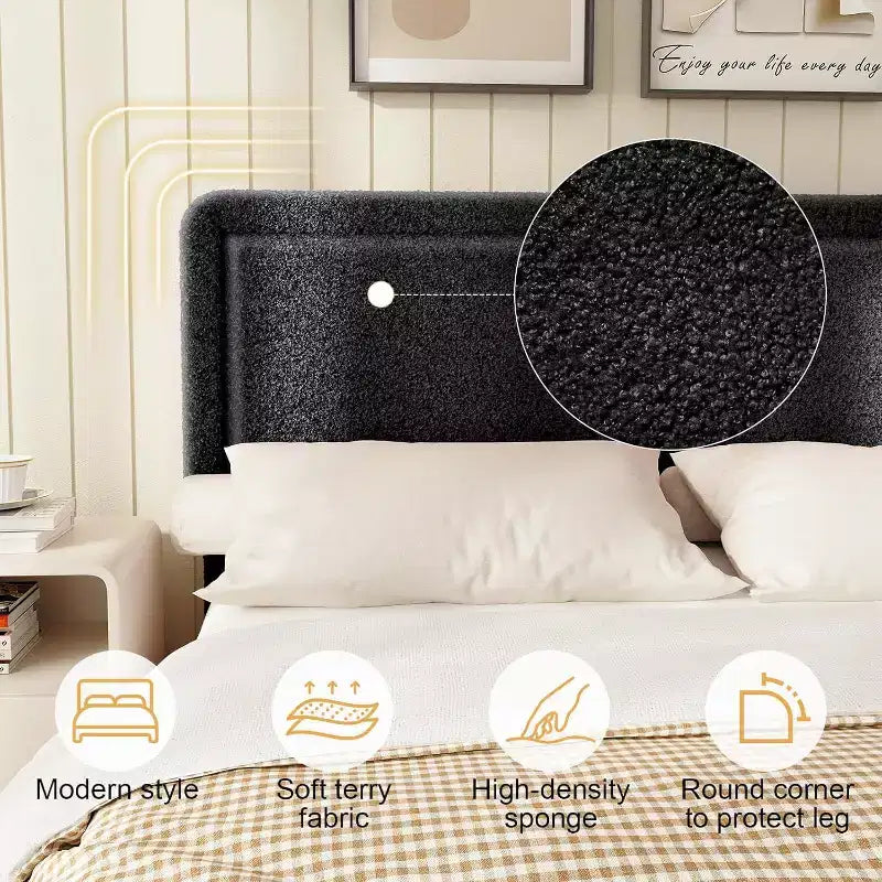 Cadre de lit Bouclé, cadre de lit rembourré en tissu Teddy noir avec tête de lit, sommier tapissier non requis, tête de lit réglable, montage facile