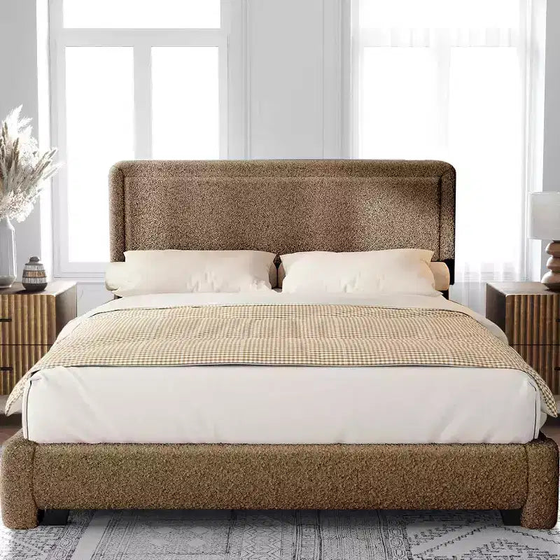 Cadre de lit Bouclé, cadre de lit rembourré en tissu Teddy noir avec tête de lit, sommier tapissier non requis, tête de lit réglable, montage facile