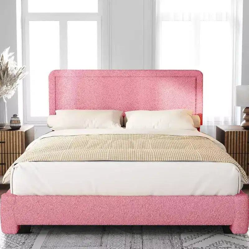 Cadre de lit Bouclé, cadre de lit rembourré en tissu Teddy noir avec tête de lit, sommier tapissier non requis, tête de lit réglable, montage facile