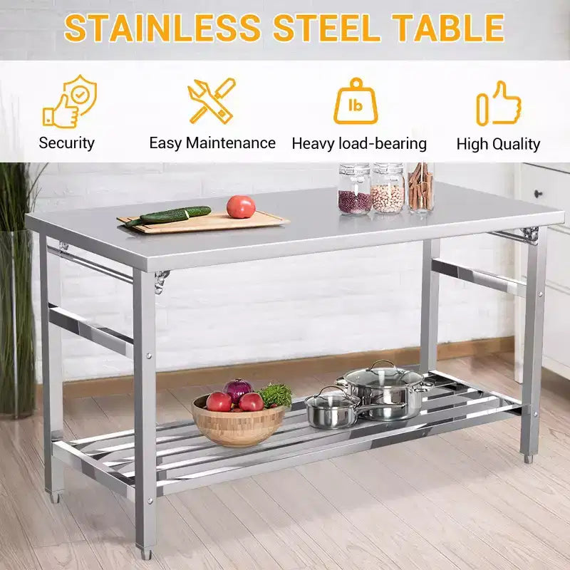 Table de travail en acier inoxydable pour cuisine commerciale - Table de préparation pliable avec étagère réglable, Établi en métal de qualité alimentaire pour restaurant, maison