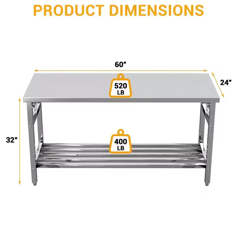 Table de travail en acier inoxydable pour cuisine commerciale - Table de préparation pliable avec étagère réglable, Établi en métal de qualité alimentaire pour restaurant, maison