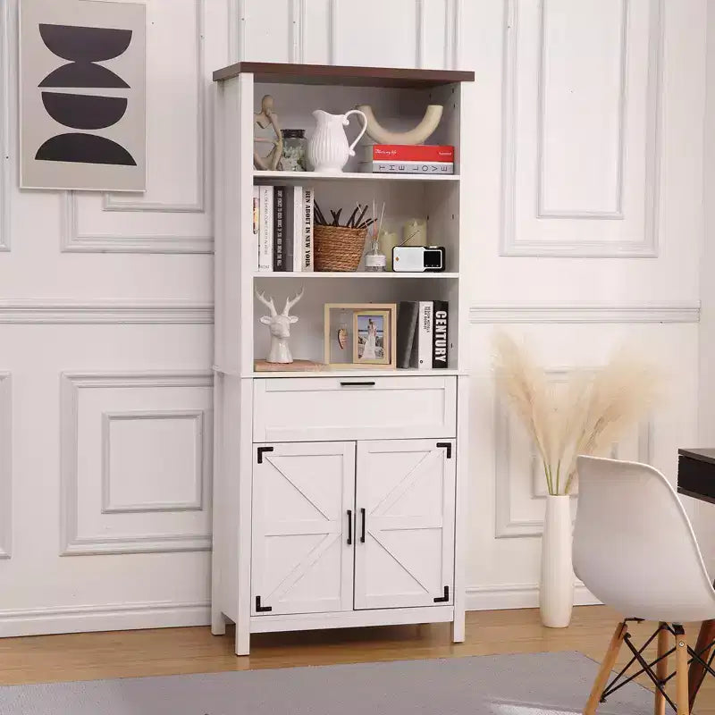 Bibliothèque de style ferme à 6 niveaux de 183 cm de haut avec portes, armoire et tiroir, étagère en bois avec étagère réglable pour salon, cuisine et chambre