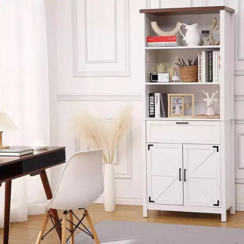 Bibliothèque de style ferme à 6 niveaux de 183 cm de haut avec portes, armoire et tiroir, étagère en bois avec étagère réglable pour salon, cuisine et chambre
