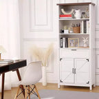 Bibliothèque de style ferme à 6 niveaux de 183 cm de haut avec portes, armoire et tiroir, étagère en bois avec étagère réglable pour salon, cuisine et chambre