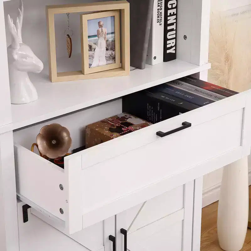 Bibliothèque de style ferme à 6 niveaux de 183 cm de haut avec portes, armoire et tiroir, étagère en bois avec étagère réglable pour salon, cuisine et chambre