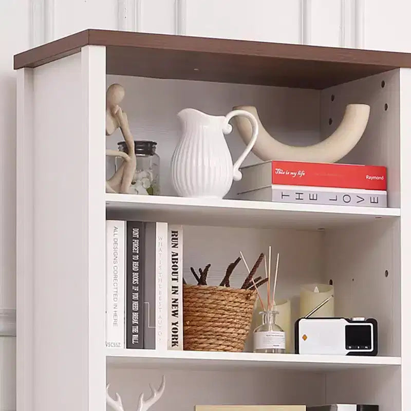 Bibliothèque de style ferme à 6 niveaux de 183 cm de haut avec portes, armoire et tiroir, étagère en bois avec étagère réglable pour salon, cuisine et chambre
