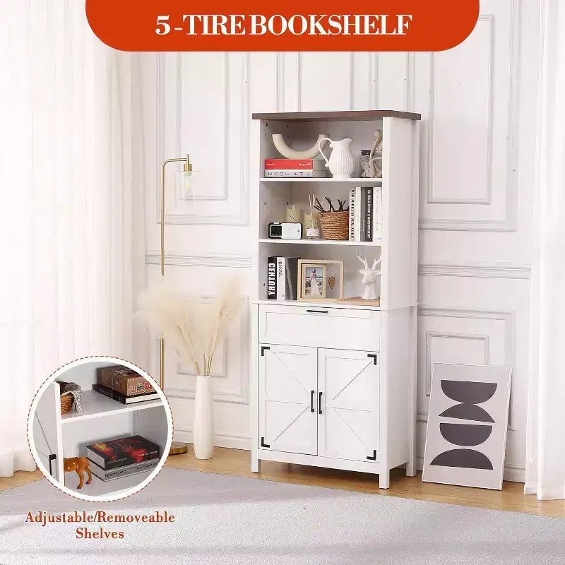 Bibliothèque de style ferme à 6 niveaux de 183 cm de haut avec portes, armoire et tiroir, étagère en bois avec étagère réglable pour salon, cuisine et chambre