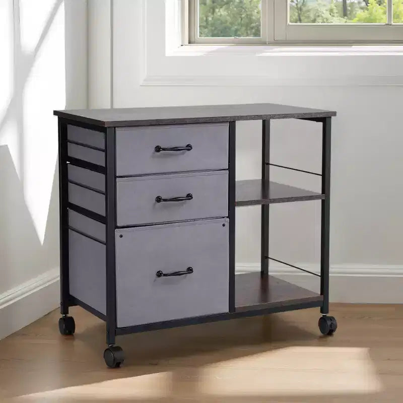 Classeur à roulettes en métal avec 3 tiroirs en tissu et 2 étagères ouvertes, meuble de rangement vertical en bois avec roulettes, marron
