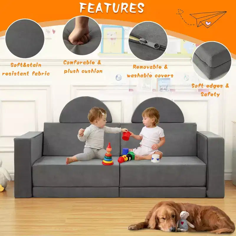 Canapé de jeu pour enfants, canapé modulaire 8 pièces pour tout-petits, canapé de jeu pour enfants pour salle de jeux ou chambre d'enfant, canapé convertible pour enfants avec housse amovible, gris foncé