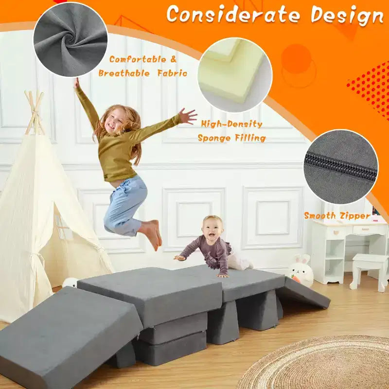 Canapé de jeu pour enfants, canapé modulaire 8 pièces pour tout-petits, canapé de jeu pour enfants pour salle de jeux ou chambre d'enfant, canapé convertible pour enfants avec housse amovible, gris foncé