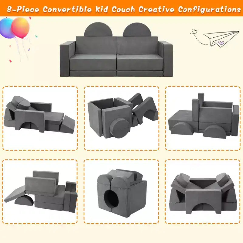 Canapé de jeu pour enfants, canapé modulaire 8 pièces pour tout-petits, canapé de jeu pour enfants pour salle de jeux ou chambre d'enfant, canapé convertible pour enfants avec housse amovible, gris foncé