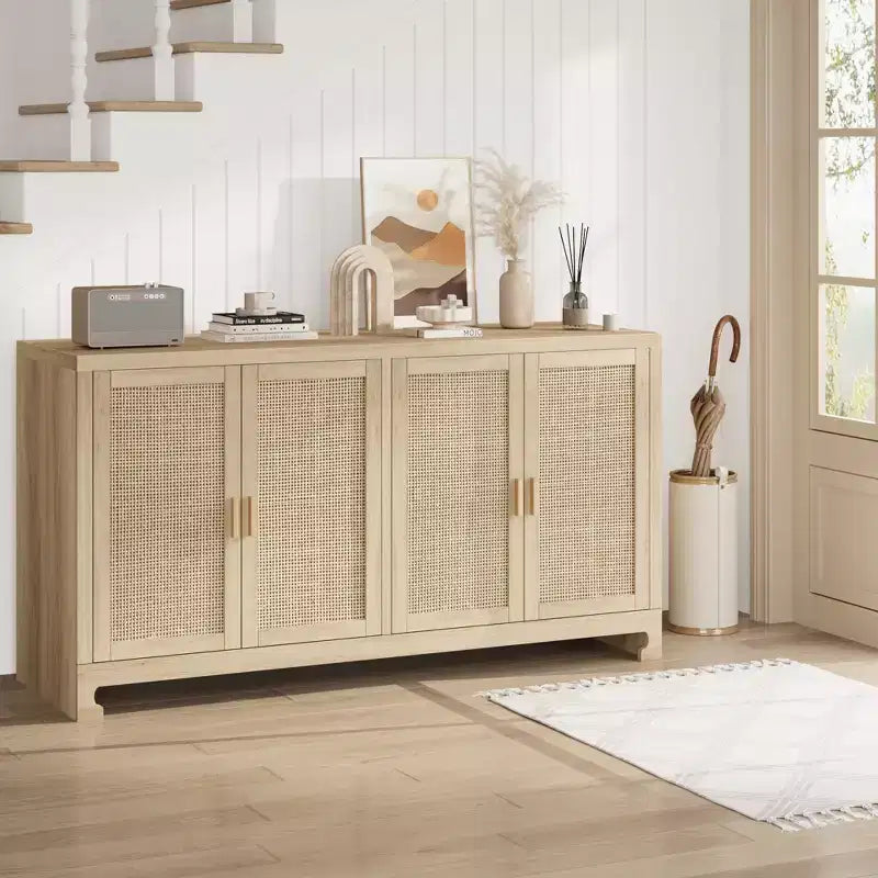 Modern Rattan Storage Cabinet with 4 Woven Doors & Adjustable Shelf - Console Table & Coffee Bar for Kitchen, Dining & Living Room, Accent Cabinet