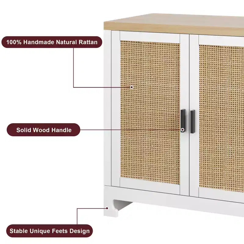 Armoire de rangement moderne en rotin avec 4 portes tissées et étagère réglable - Table console et meuble bar pour cuisine, salle à manger et salon, armoire d'appoint