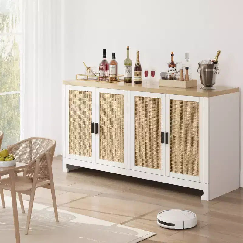 Armoire de rangement moderne en rotin avec 4 portes tissées et étagère réglable - Table console et meuble bar pour cuisine, salle à manger et salon, armoire d'appoint