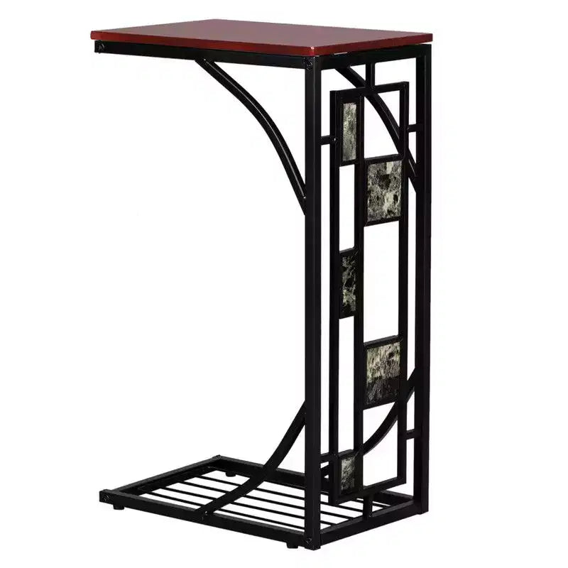 Table d'appoint en forme de C à couche unique, démontée et assemblée, avec plateau en panneau de densité marron, cadre en fer thermolaqué noir et motif de gravier