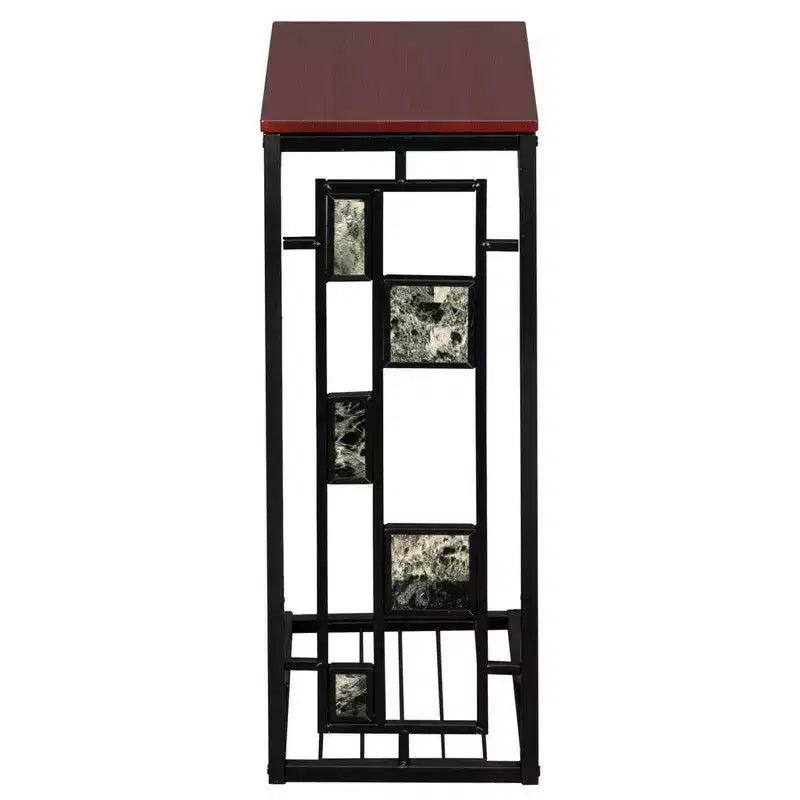 Table d'appoint en forme de C à couche unique, démontée et assemblée, avec plateau en panneau de densité marron, cadre en fer thermolaqué noir et motif de gravier