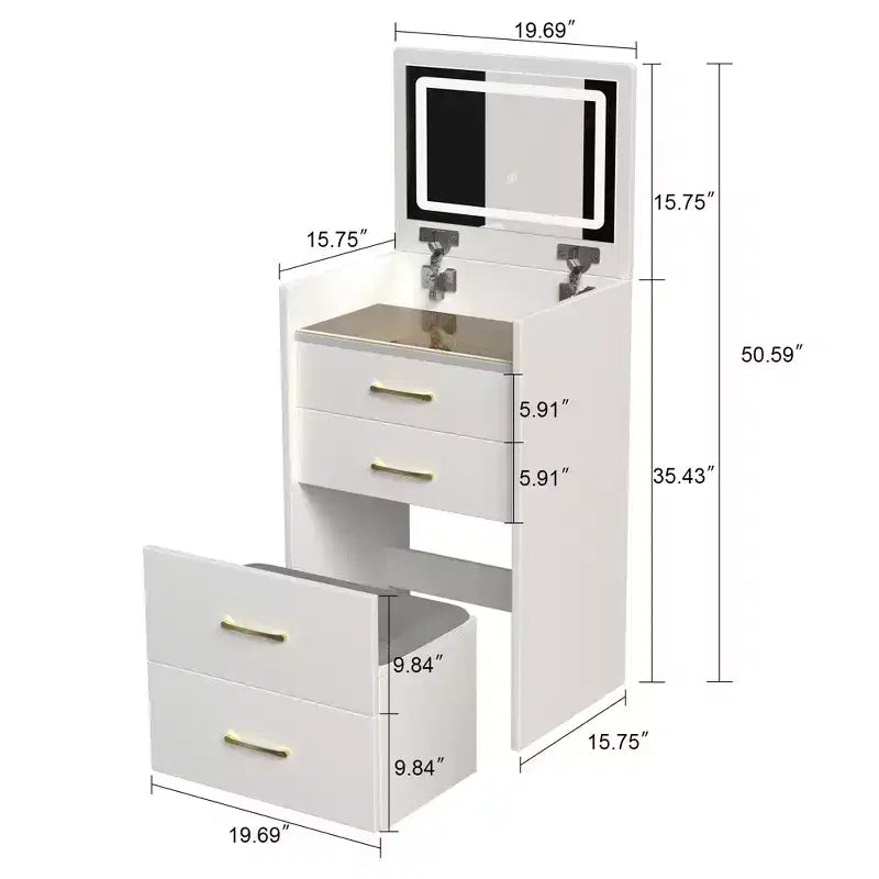 Table de Maquillage 3 en 1 avec Banc, Miroir Lumineux, Tiroirs et Plateau en Verre Visible, Blanc