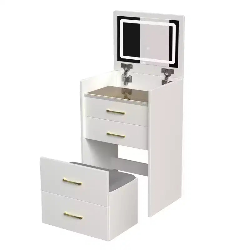 Table de Maquillage 3 en 1 avec Banc, Miroir Lumineux, Tiroirs et Plateau en Verre Visible, Blanc