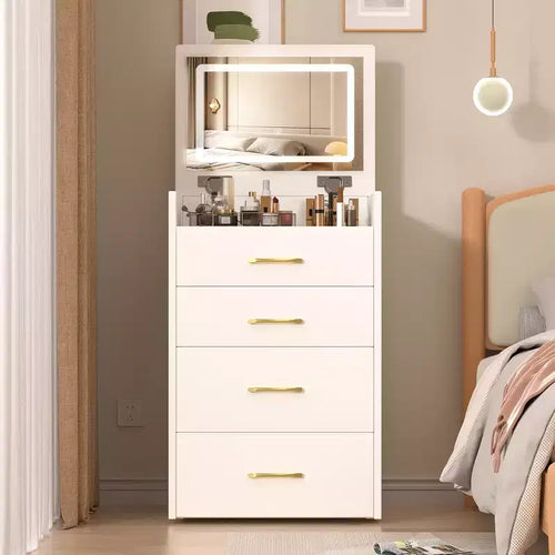 Table de Maquillage 3 en 1 avec Banc, Miroir Lumineux, Tiroirs et Plateau en Verre Visible, Blanc